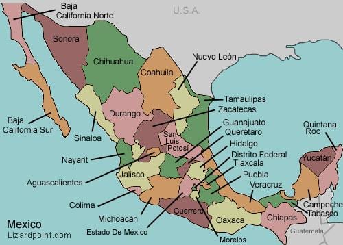 mapa štátov mexických