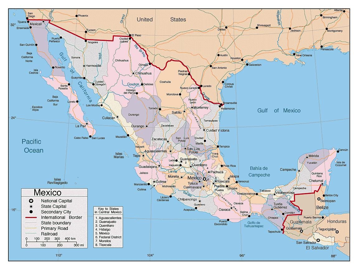 Mexiko mapa s hlavnými mestami