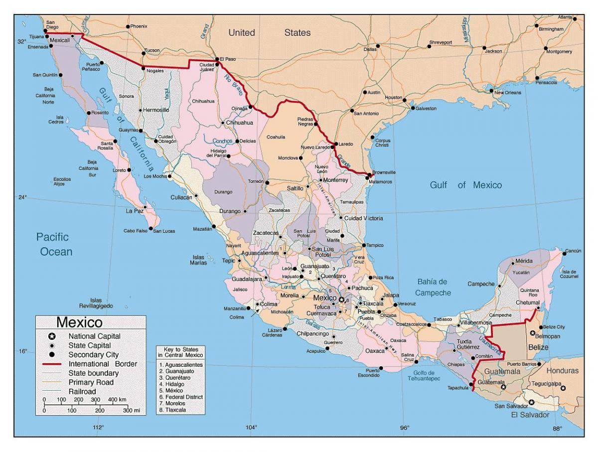 Mexiko mapa s hlavnými mestami