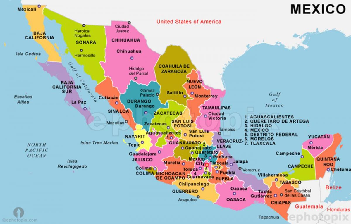 Mexiko mapa s štáty a hlavné mestá