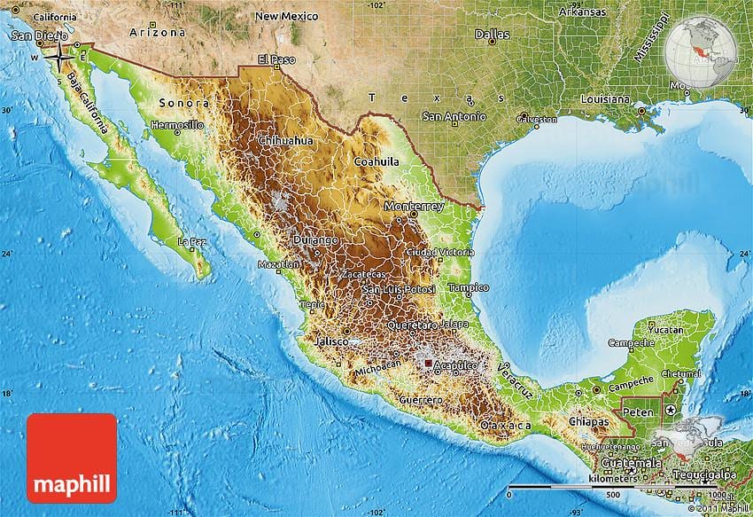 reliéf mapa Mexika