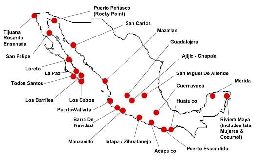 mapu destinácií Mexiko