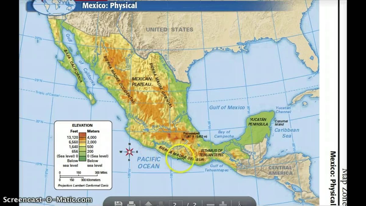 Mexiko mapa fyzikálne vlastnosti