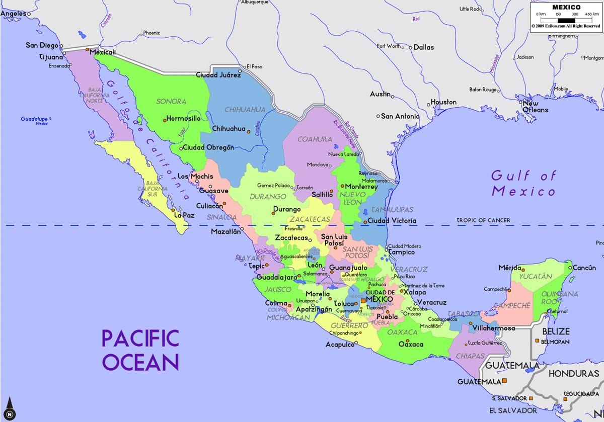 Mexiko mapa s kapitálu