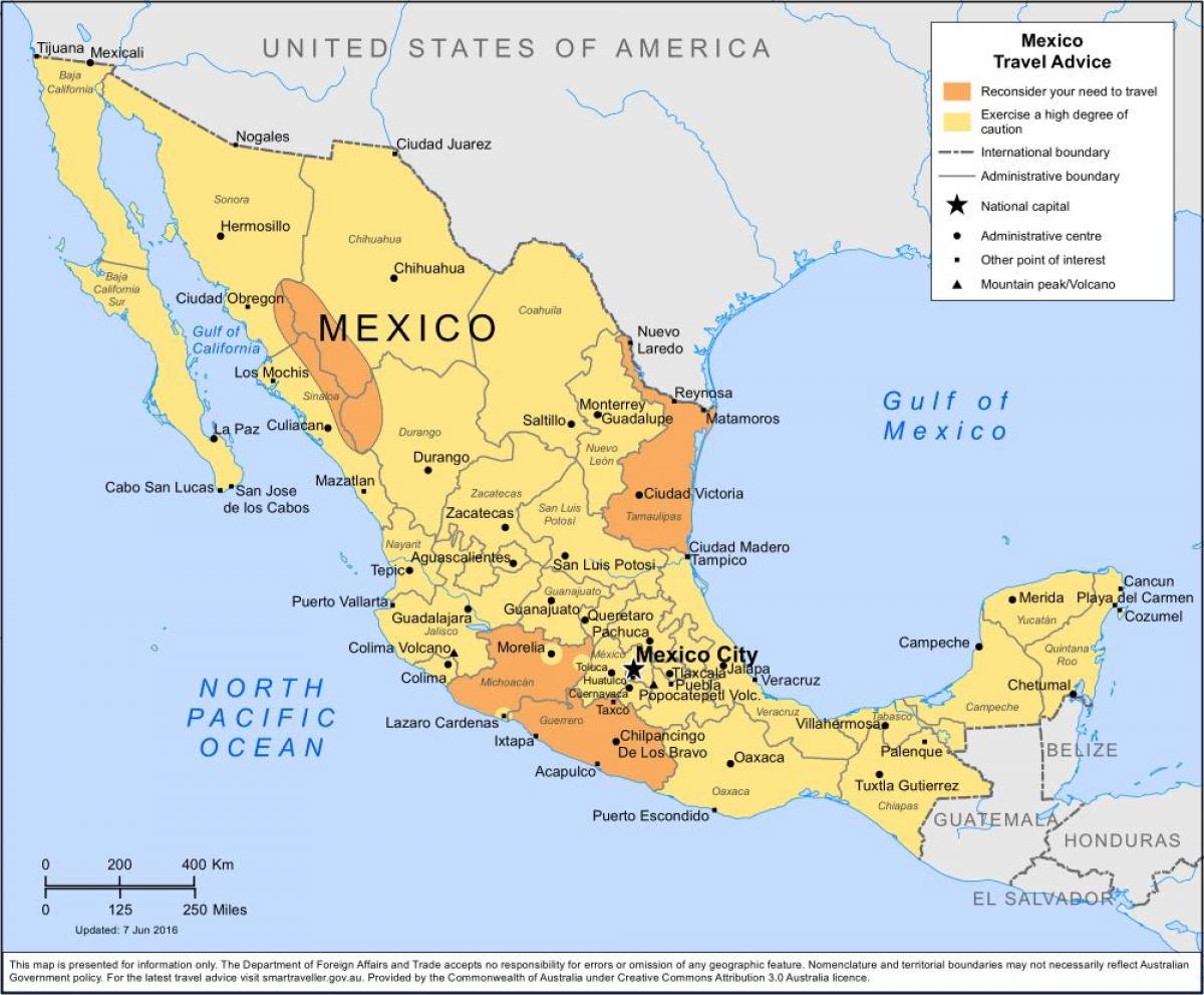Mexiko mapa turistických destinácií