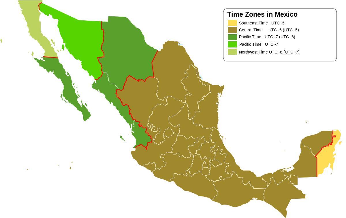 časové pásmo mapu Mexika