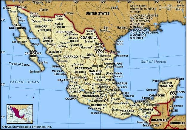 mapa východného pobrežia Mexika