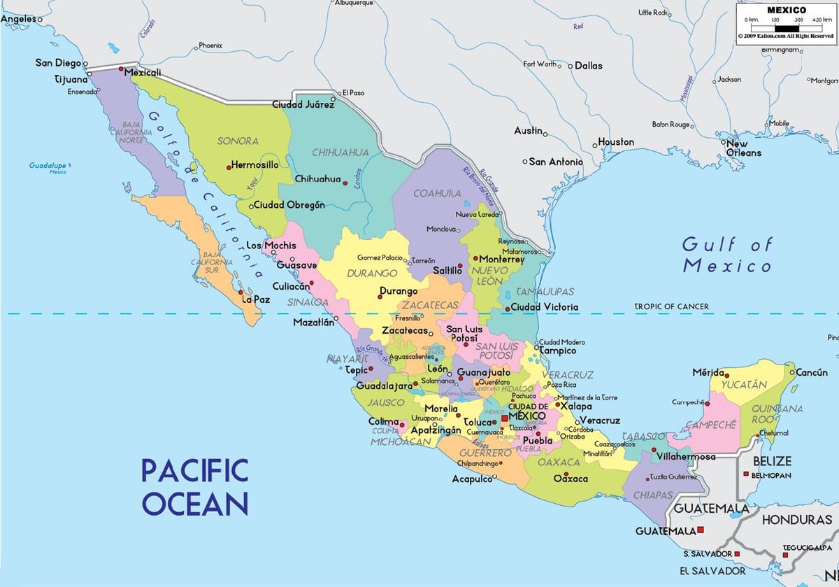 mapa západné pobrežie Mexika