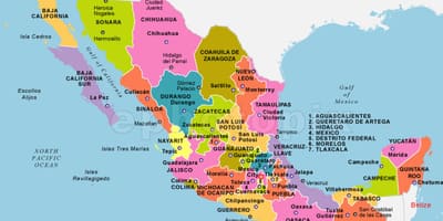 Mexiko mapa s štáty a hlavné mestá