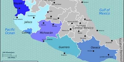 Mapa tichomorského pobrežia Mexika